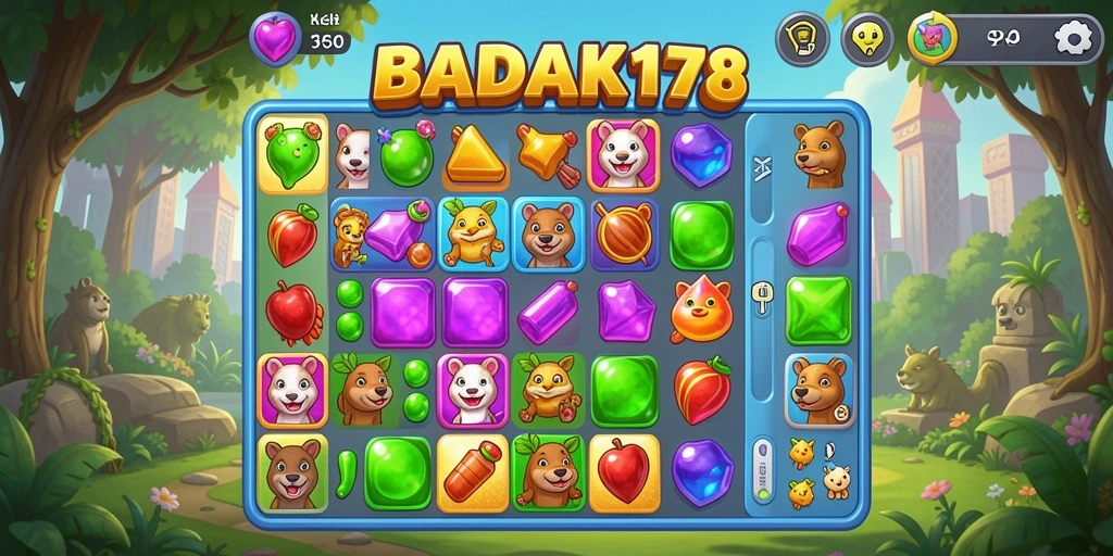 Tampilan gameplay Match-3 BADAK178 yang menarik dan menantang.