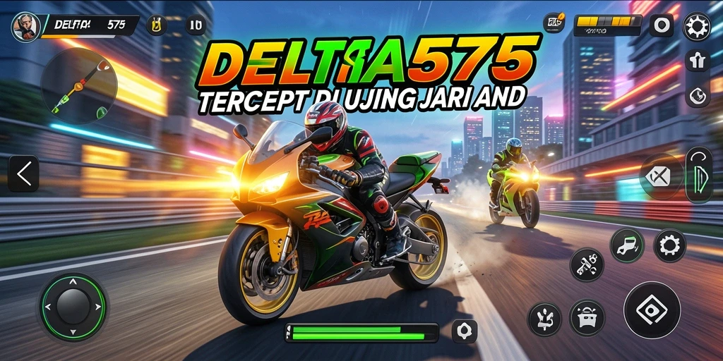 Tangkapan layar utama DELTA575 menampilkan aksi balapan motor yang seru dan mendebarkan.