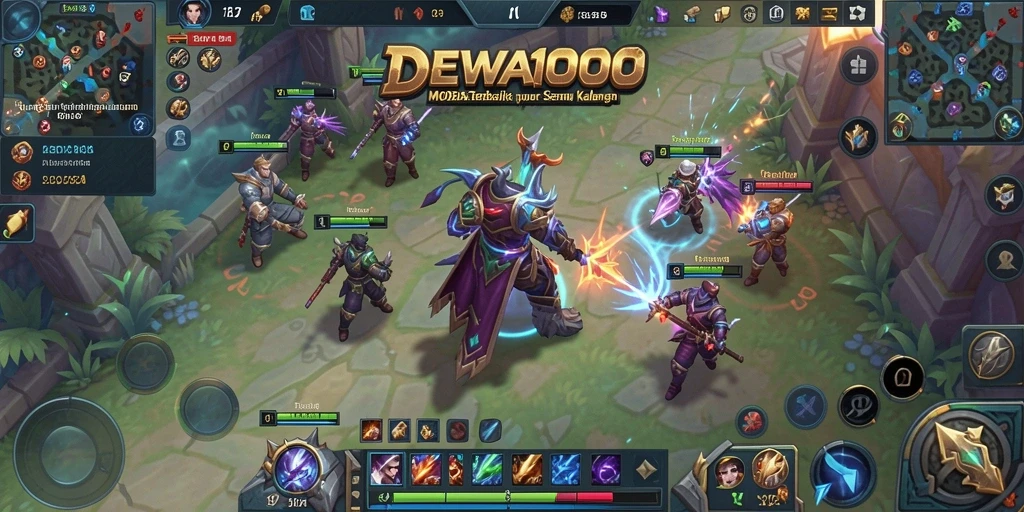 Screenshot DEWA1000 menampilkan aksi pertarungan tim yang intens di arena.