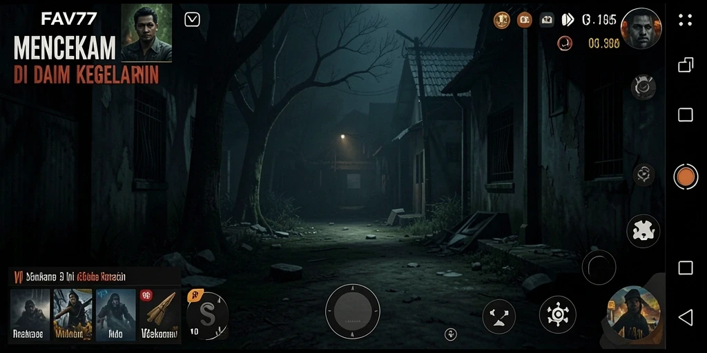 Screenshot gameplay FAV77 menampilkan suasana gelap dan mencekam.