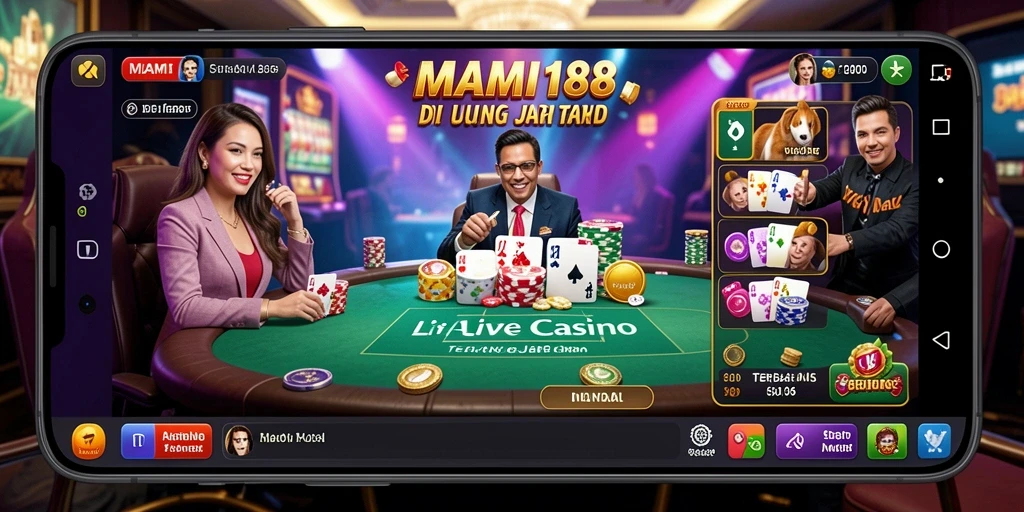 Screenshot gameplay MAMI188 yang menunjukkan dealer live dan pemain berinteraksi.