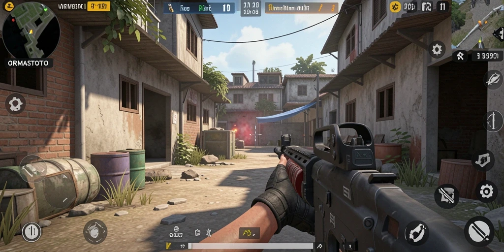 Screenshot gameplay ORMASTOTO menampilkan aksi tembak-menembak yang intens.