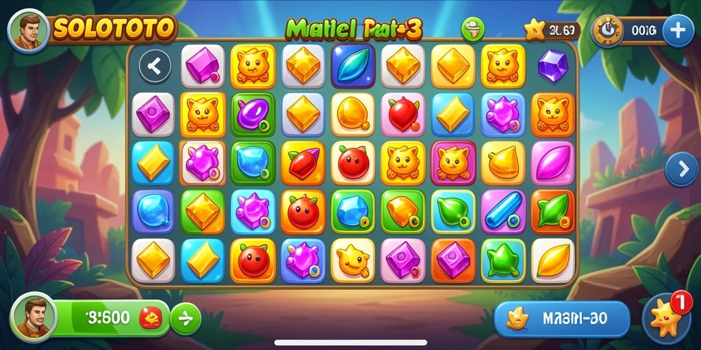 Tampilan gameplay Match-3 yang menarik dan penuh warna.